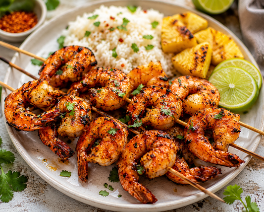 Grilled Shrimp Skewers seasoning with Ark Pepper Co. Chili Paprika Ginger Seasoning.