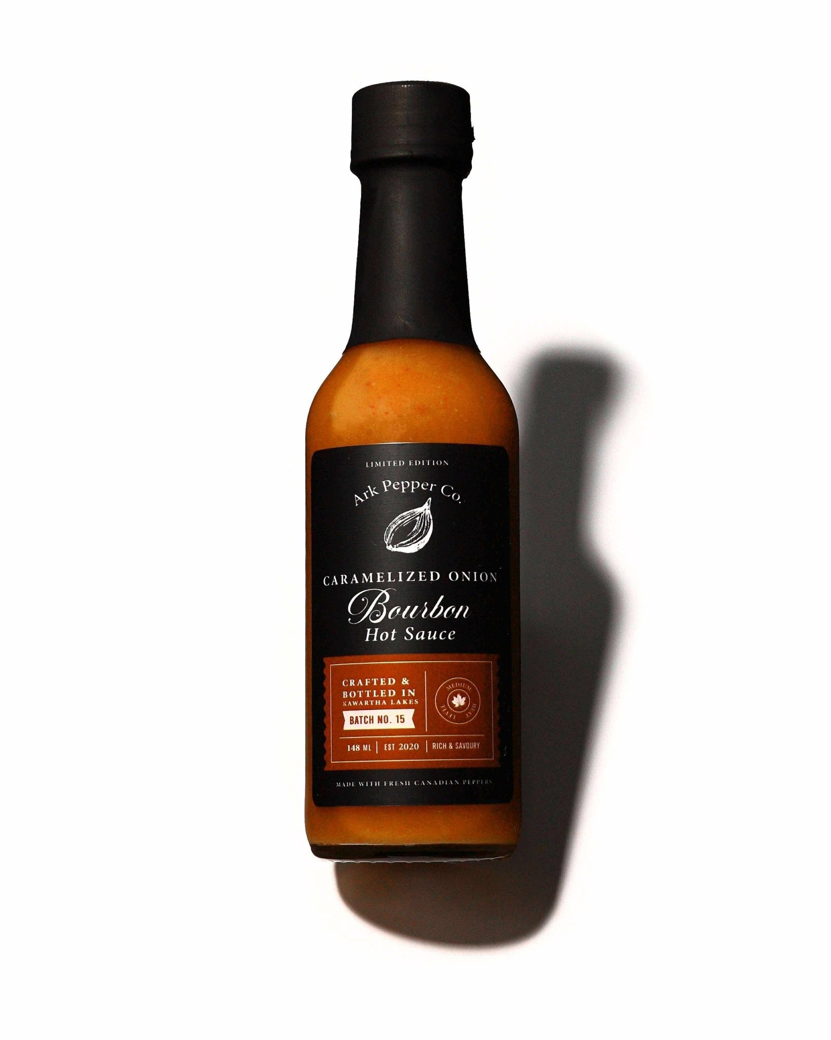 Ark Pepper Co Caramelized Onion Bourbon Hot Sauce bottle with rich savory flavour profile